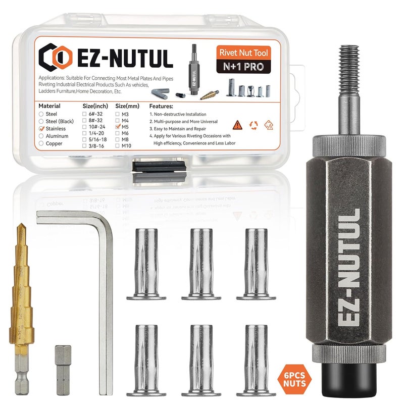 EZ-NUTUL Multi-Grip Rivet Nut Installation Tool Set Pre-Bulbed Shank Flat Head Threaded Insert Nut Plus Nuts Assortment Kit Cross Rivnut for Construction Industrial (M5(Plus Nut Tool-6pcs, Stainless)) - Image 1